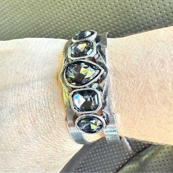 STATEMENT SILVER CUFF BRACELET LARGE FACETED SMOKY CRYSTALS –WOMEN’S BOLD DESIGN - Picture 9 of 17